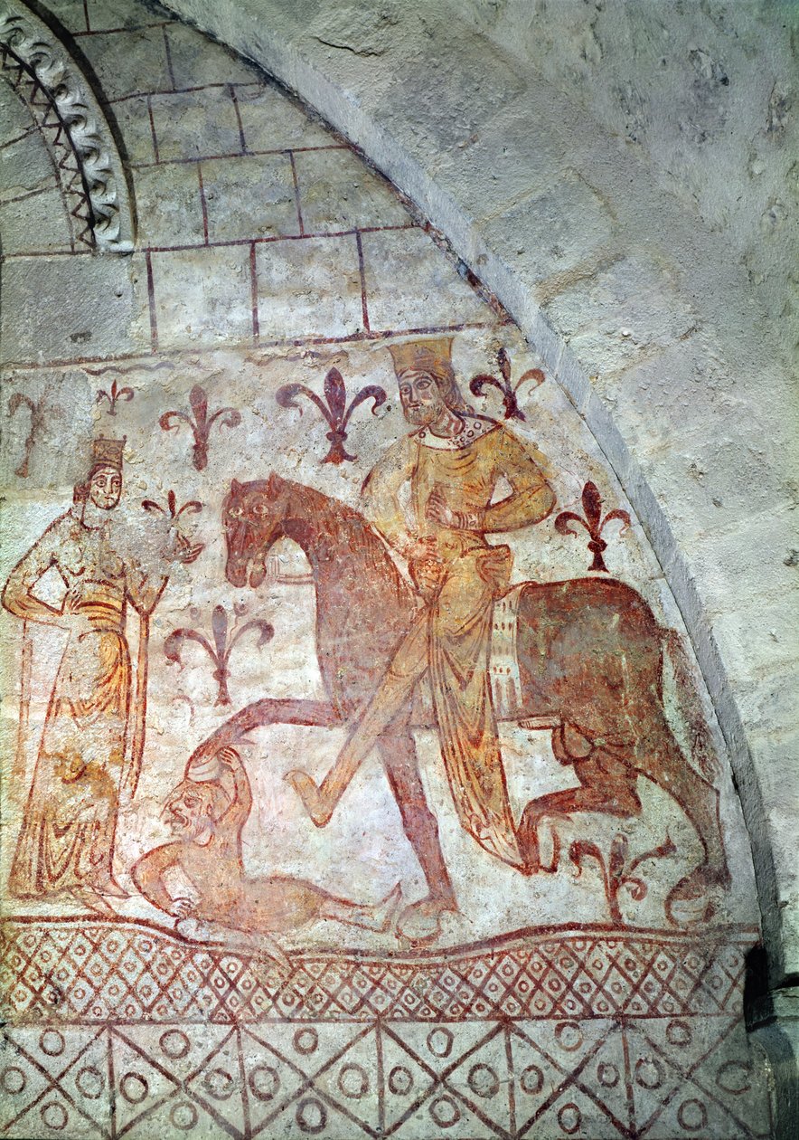 Hugues IX (ca. 1163-1219) Lusignan besejrer Nur al-Din (1116-74) i Syrien (vægmaleri) af French School