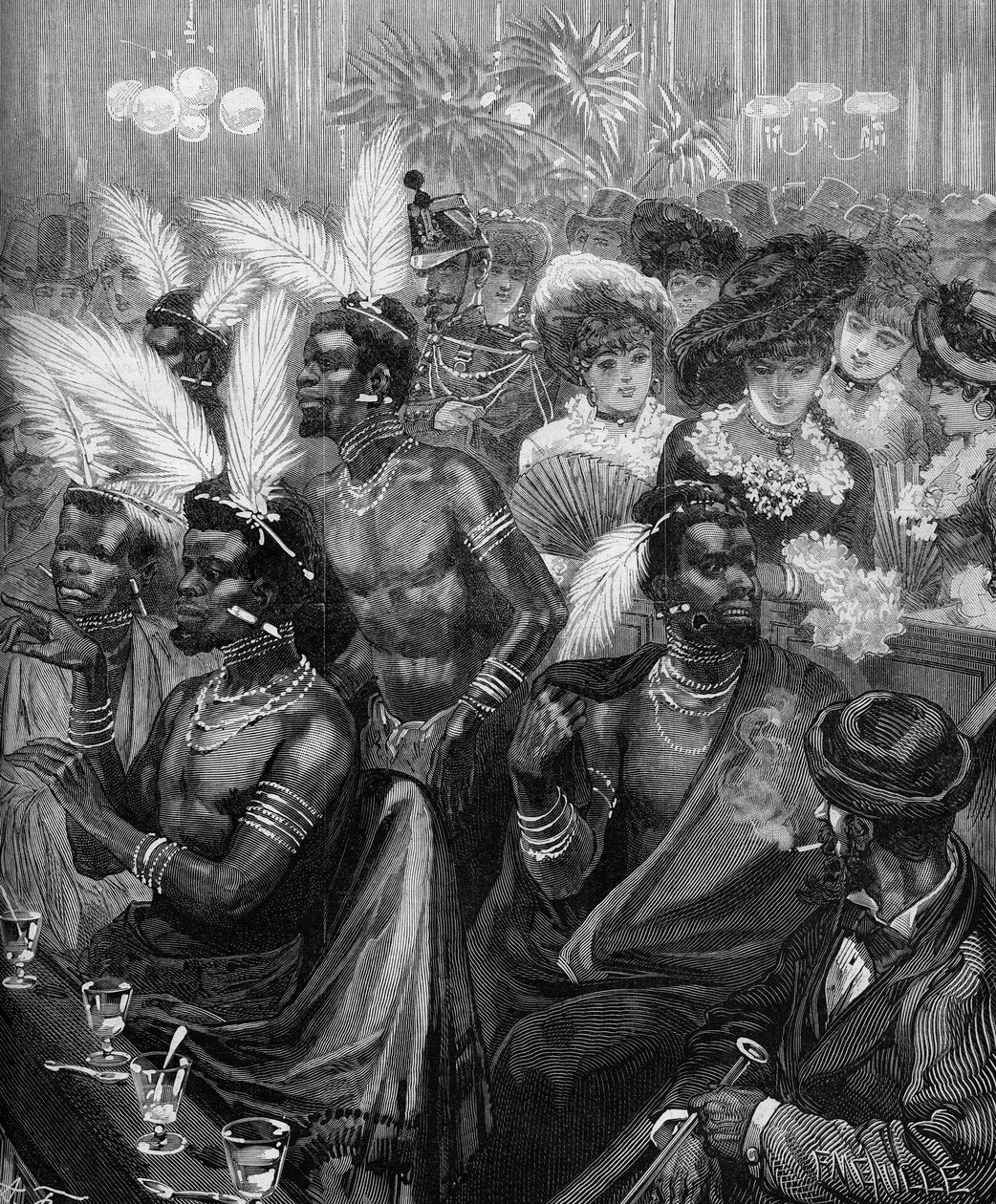 Human Zoo: Zulu-krigere udstillet i en hytte i Cabaret des Folies Bergeres (Folies-Bergeres) i Paris i 1879. Indgravering i "" Le Monde Illustré"" nr. 1178 af 21. november 1879. af French School
