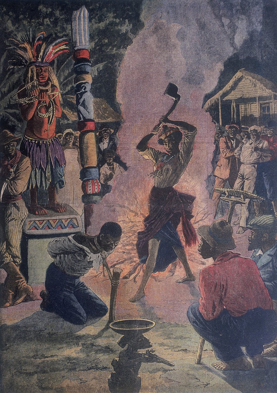 Menneskeofring under voodoo-ceremoni, La Fayette, Louisiana, U.S.A. af French School