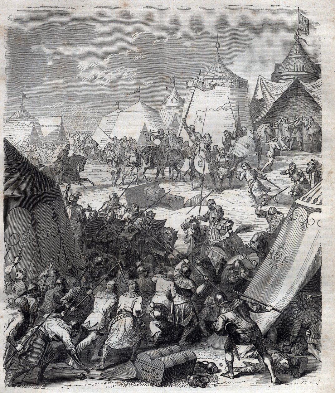 Hundredårskrig: Slaget ved Poitiers (1356). Indgravering i "" Pavernes historie (...) Dronningekongens og kejsernes forbrydelser gennem århundrederne" af Maurice Lachatre af French School