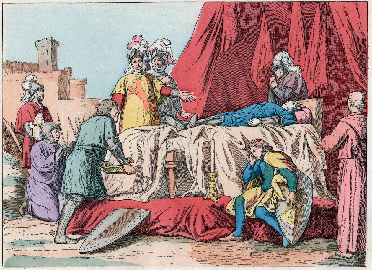 Hundrede års krig: "" La mort de Bernard du Guesclin (1320-1380) devant Chateauneuf de Randon le 13/07/1380"" - Duguesclins død (under belejringen af Chateauneuf-de-Randon den 13. juli 1380) - Indgravering af slutningen af det 19. århundrede i "" Nos Gires af French School