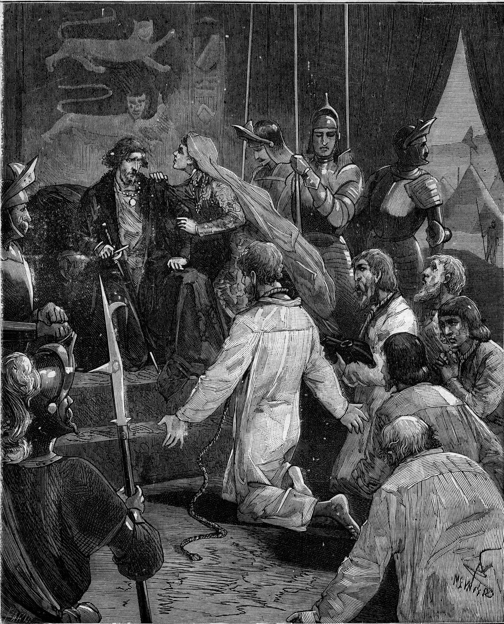 Hundrede års krig. Borgerskabet i Calais: Devouering af Eustache af St. Peter og hans ledsagere til kong Edward III af England bønfalder om deres nåde, støttet af dronning Philippa af Hainaut (1311-1369). af French School