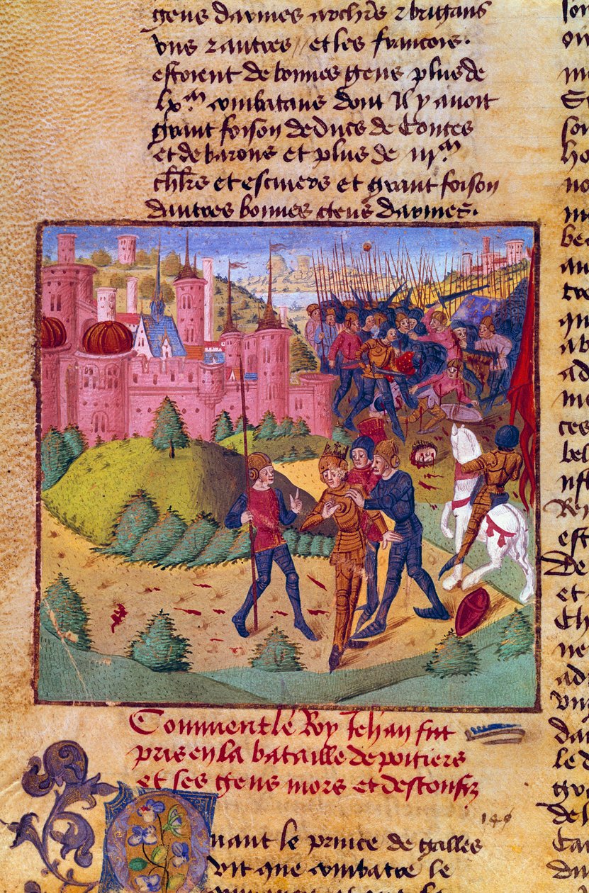 Hundredårskrigen: "Kongen af Frankrig Johannes II den Gode (1319-1364) tages til fange af englænderne i slaget ved Poitiers den 19. september 1356" Miniature fra Jean Froissarts krønike (1337-1400) 15. århundrede Chantilly, Musee Conde af French School