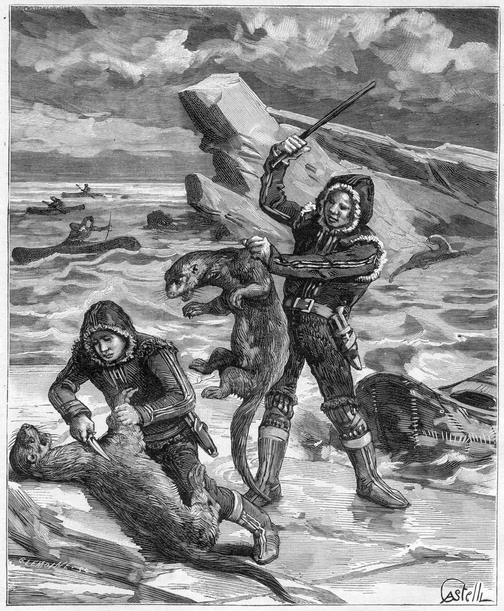 Hunter oddere i Alaska - jæger af Alaska oddere i 1888 - Indgravering i "" Journal des Voyages""" 1888 af French School