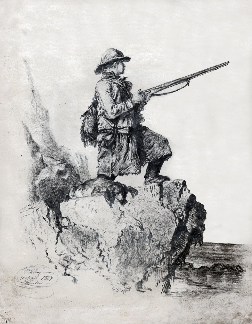 Jæger med sin hund. (tegning af French School