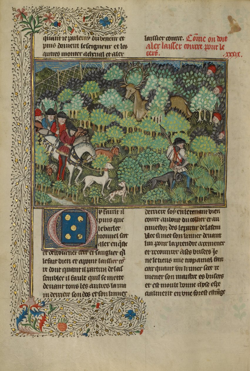 Jægere forfølger en hjort, ca. 1430-40 (temperafarver, guldmaling, sølvmaling og bladguld) af French School