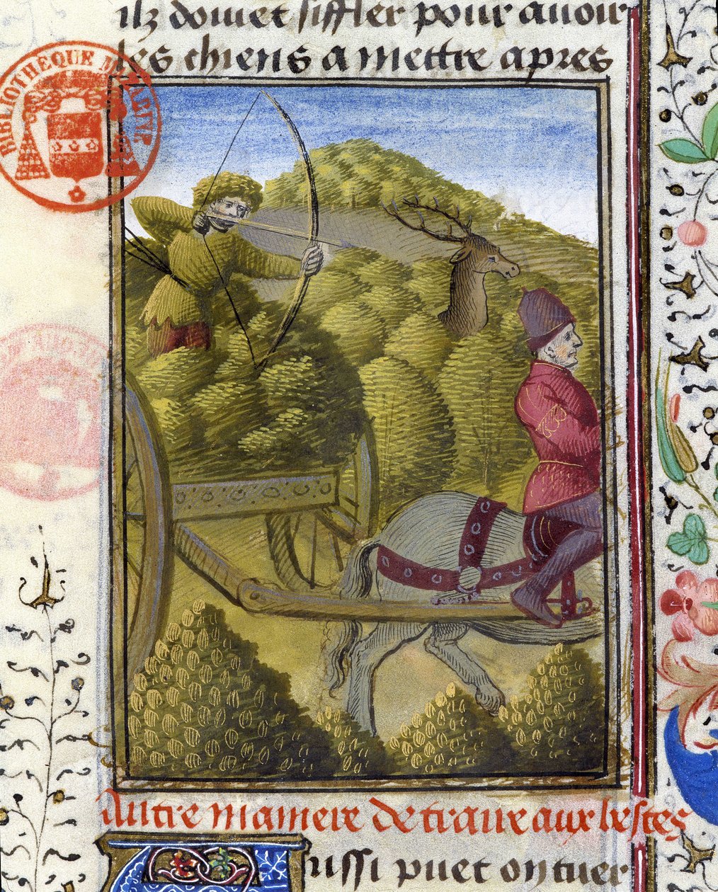 Jagt hjorte med bue og træk - i "" Jagtbog af Gaston Phoebus, greve af Foix, Lord of Béarn"" af French School