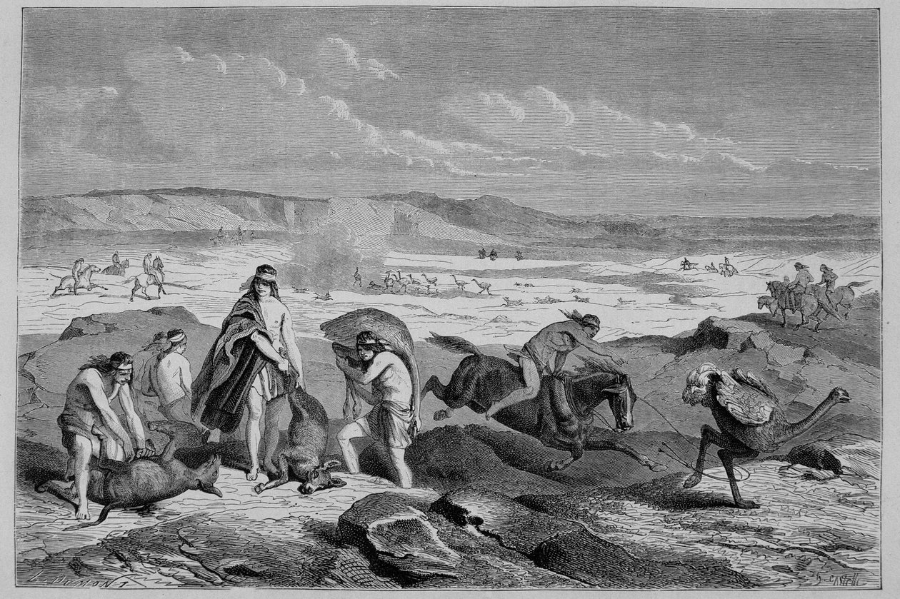 Jagt guanaco (vild lama) og nandou (eller patagonsk struds) i Argentina - i "" Tour du Monde"", 2. uge 1861 af French School