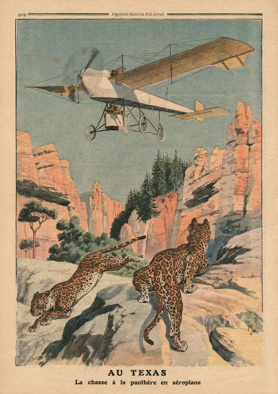 Jagt på pantere fra en flyvemaskine i Texas, illustration fra "Le Petit Journal", supplement illustre, 17. december 1911 af French School