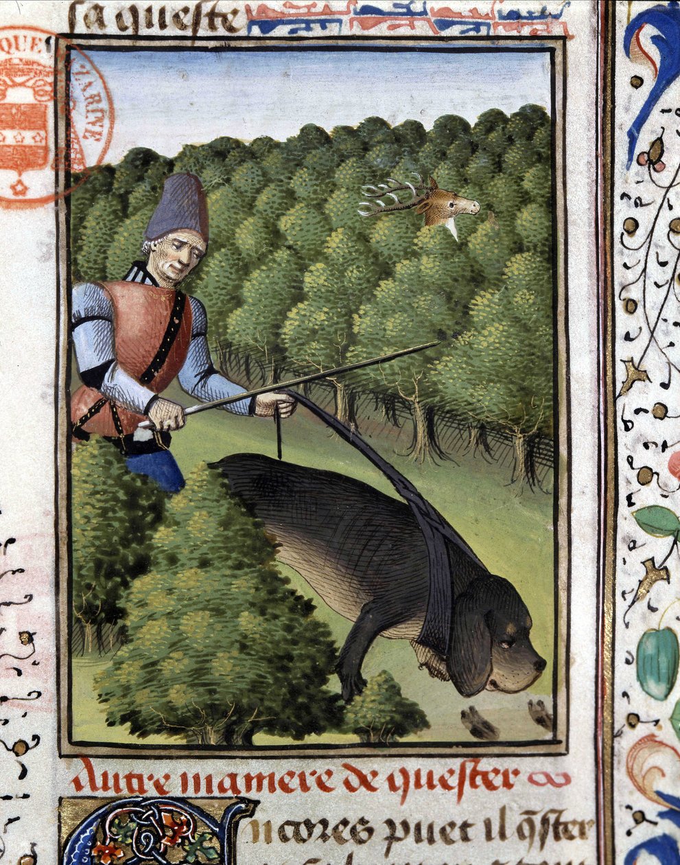 Jagtscene: en hund, der sporer hjorten (flair) - i "" The Hunting Book of Gaston Phoebus, Count of Foix, Lord of Béarn"" af French School
