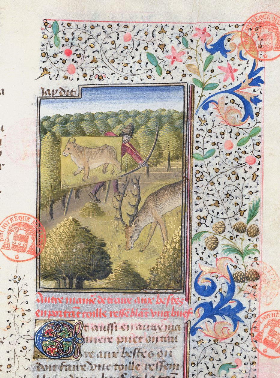 Jæger, der skjuler sig bag et lokkefugl, mens han jagter en kronhjort, fra Livre de la Chasse af Gaston Phebus de Foix (1331-91) af French School