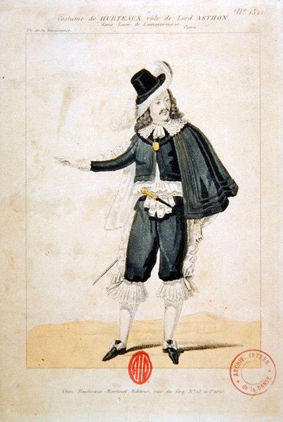 Hurteaux i rollen som Lord Enrico Ashton, i operaen Lucie de Lammermoor, af Gaetano Donizetti (1797-1848) (farvestik) af French School