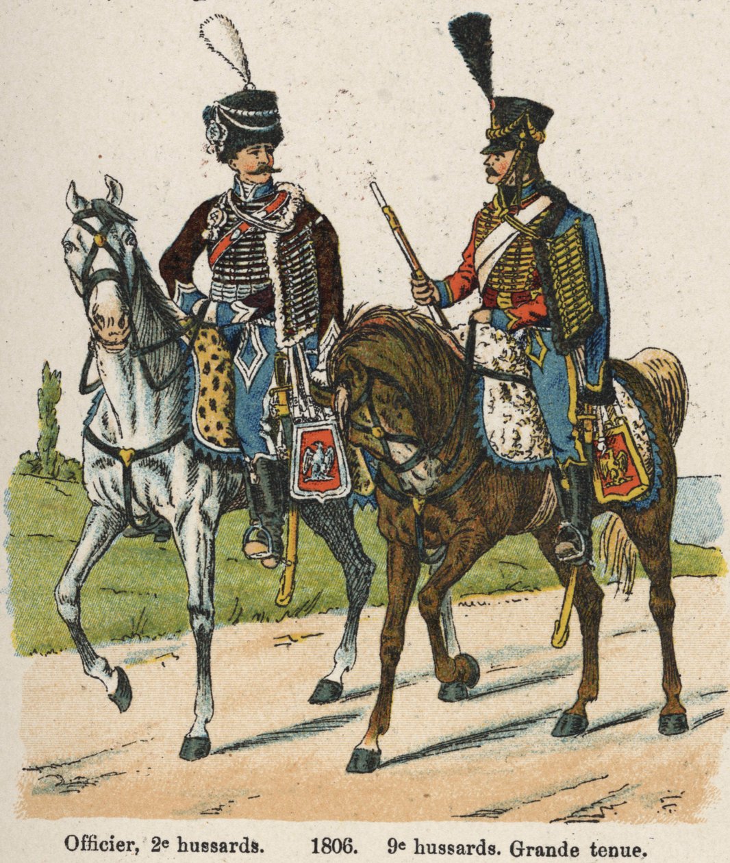 Husarernes 1. vendemiar An XII (24. september 1803): Officer, 2. husarer og 9. husarer i stor kjole i 1806. Tavle fra bogen Les Uniforms de l