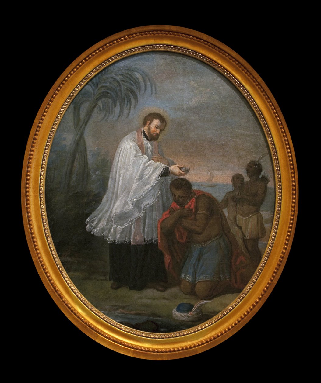 Jeg døber en indianer. Karakteren, der modtager dåben, ser ikke ud til at være en indianer, i modsætning til de to karakterer i baggrunden. Dette maleri kunne være en allegori af jesuiternes evangeliseringsmission på alle kontinenter. Det giver os dog muli af French School