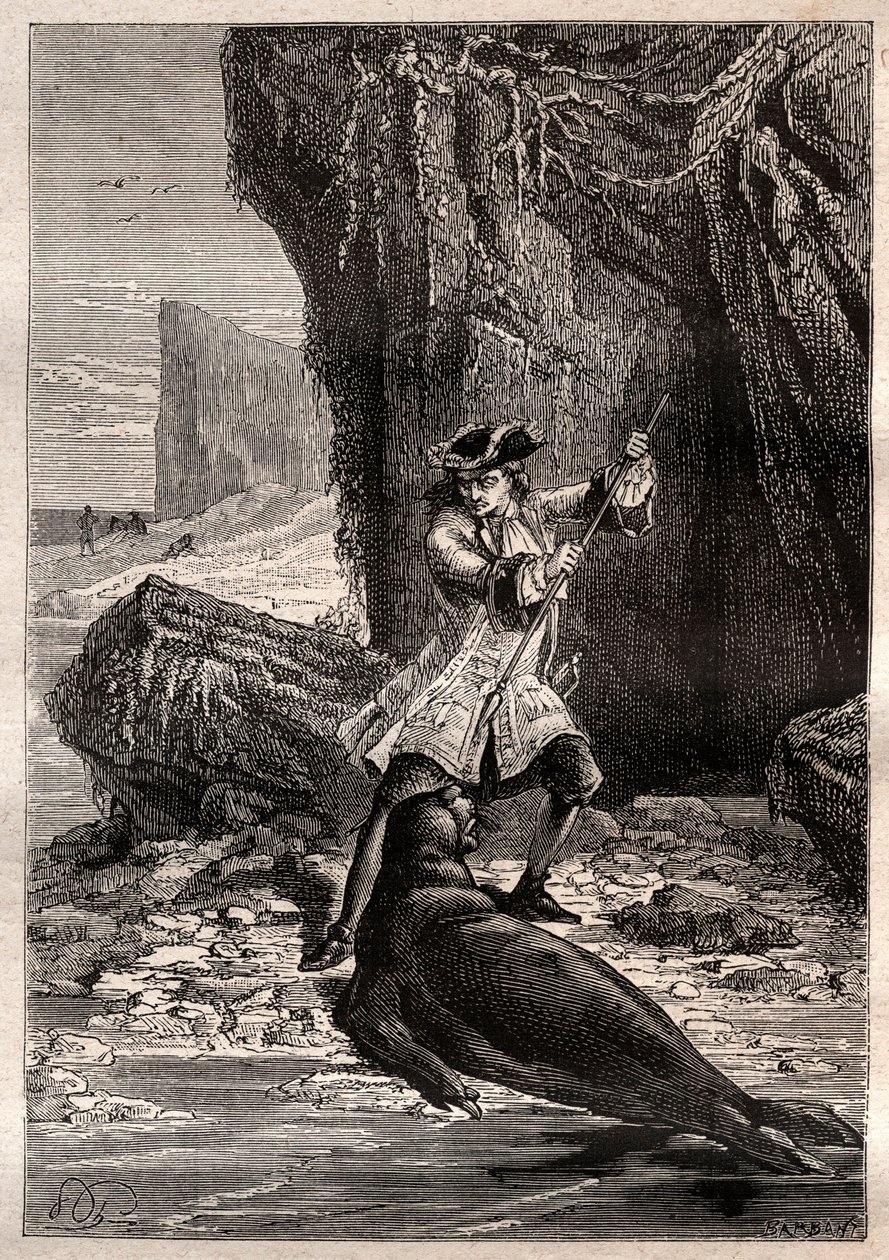 Jeg skød min spade i hans bryst: Woodes Rogers (1679-1732) angrebet af en marinehund (sæl) på en af Galapagos-øerne i Stillehavet i 1709 - illustration taget fra "The Great Mariners of the 18th century" af French School