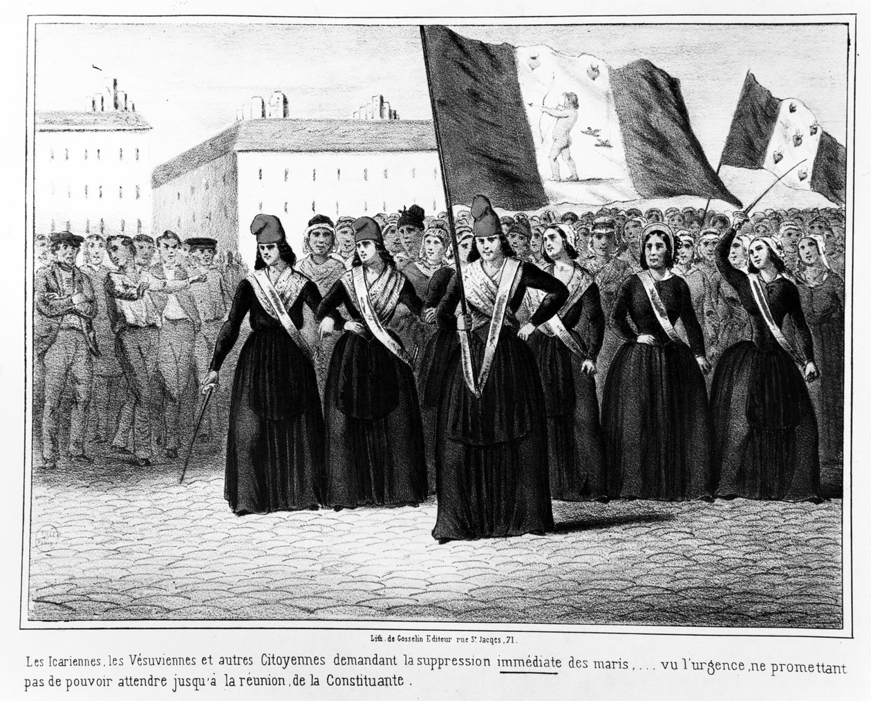 Ikariere og vesuvianere, der kræver øjeblikkelig undertrykkelse af ægtemænd, fra en række tegneserier om begivenhederne under den franske revolution i 1848, udgivet i Paris af Gosselin, 1848 af French School