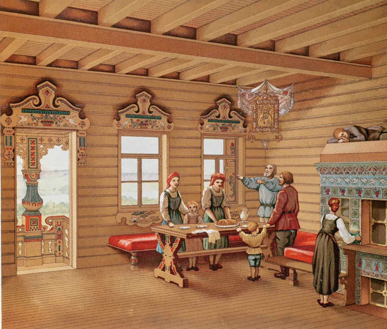 Idealiseret interiør af en russisk izba, ca. 1880 (farvegravering) af French School