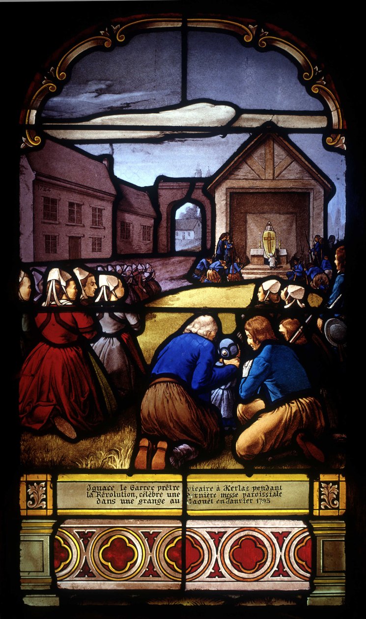 Ignace Le Garrec, vikarpræst i Kerlaz under revolutionen, fejrer en sidste sognemesse i en lade i Caouët, januar 1793 - farvet glas af St. Germain-kirken i Kerlaz af French School