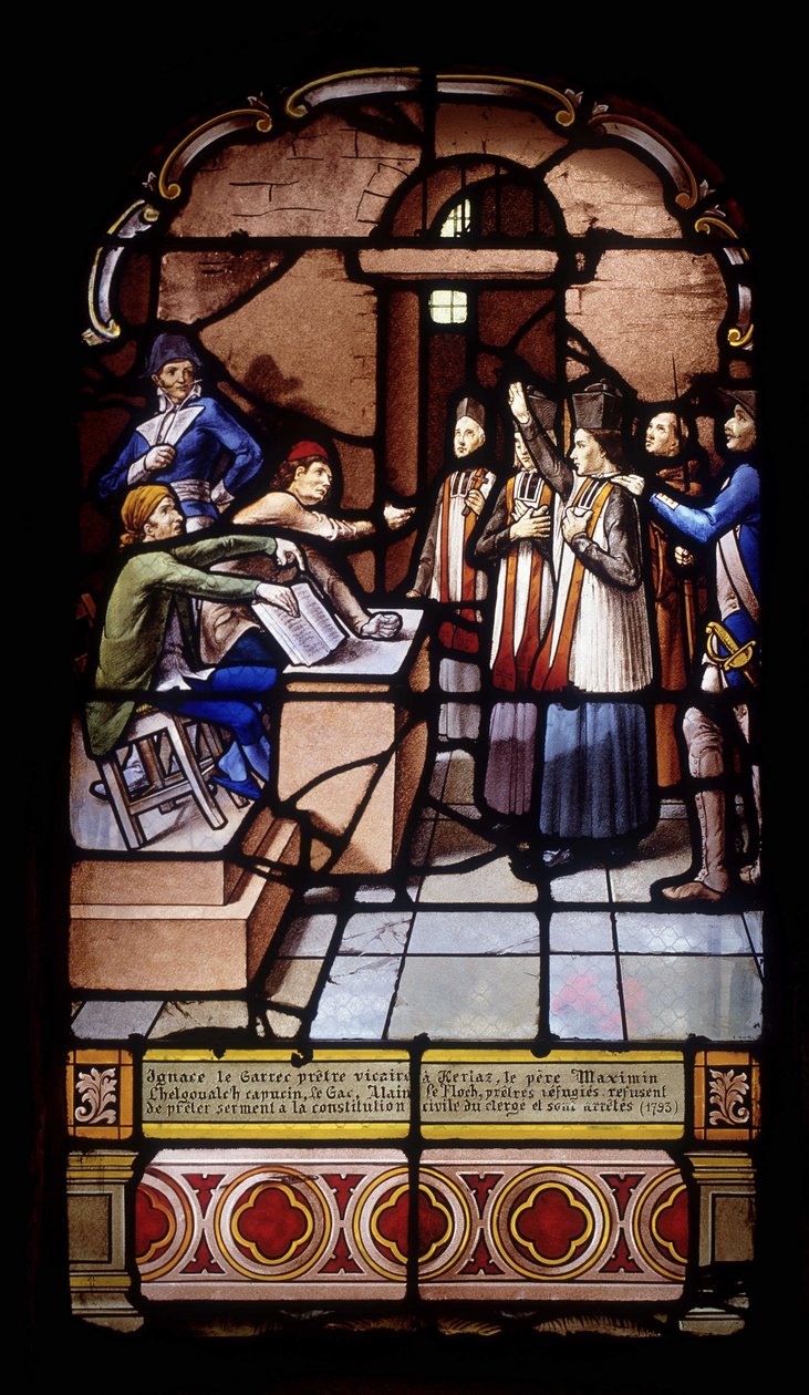 Ignace the Garrec, vikarpræst i Kerlaz, fader Maximin Chelgoualch, Capuchin, Le Gac, Alain Le Floch, flygtningepræster, nægter at aflægge ed på gejstlighedens civile sammensætning og bliver arresteret af French School