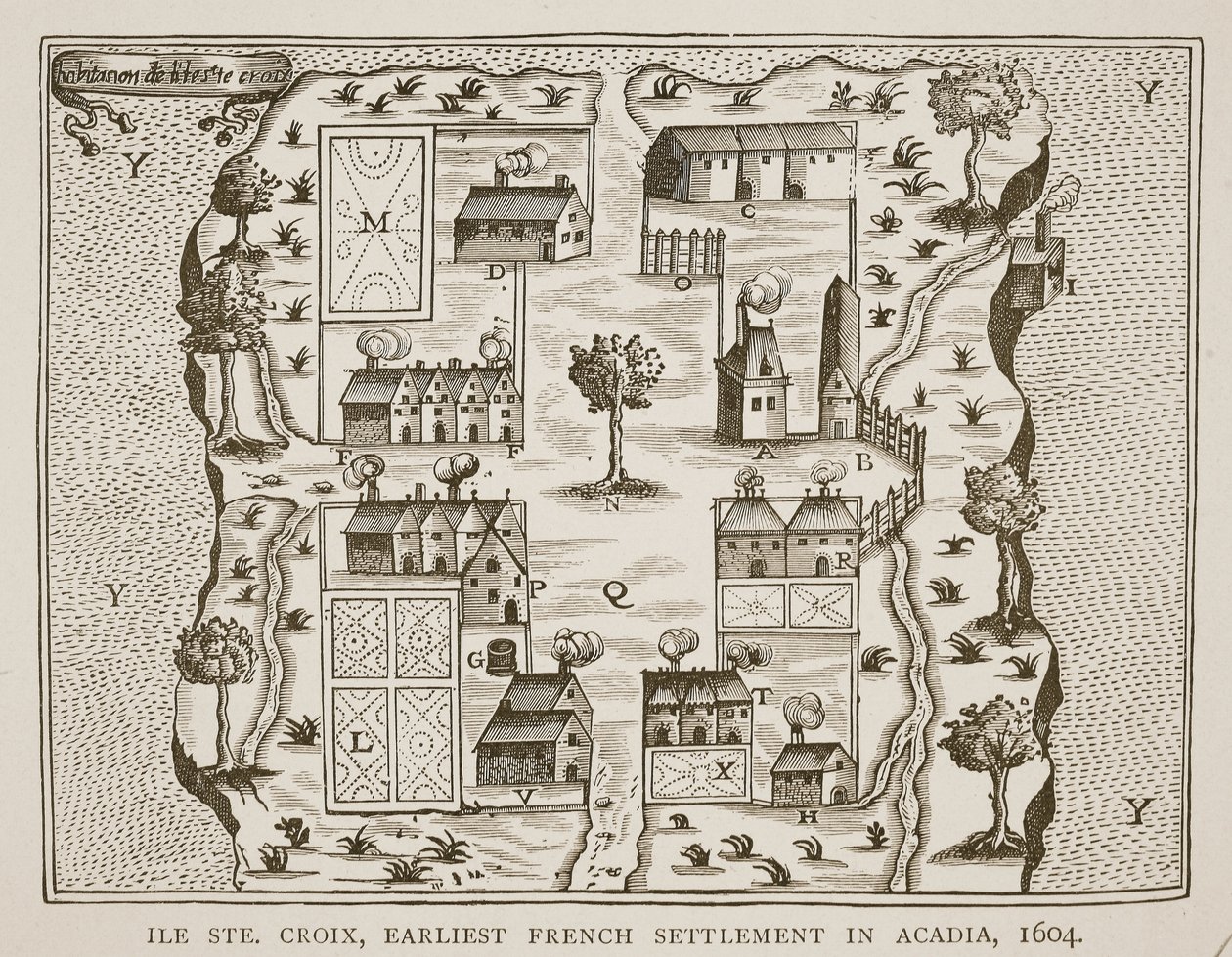 Ile Ste. Croix, den tidligste franske bosættelse i Acadia, 1604, fra Voyages af Samuel de Champlain (ca. 1580-1635), 1613 af French School