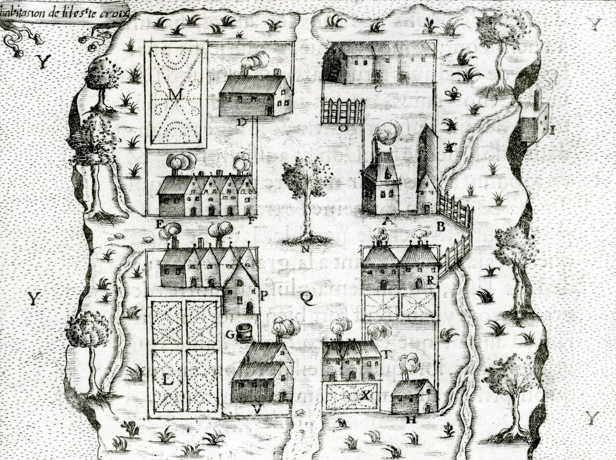 Ile Ste. Croix, den tidligste franske bosættelse i Acadia, 1604, fra Voyages af Samuel de Champlain (ca. 1580-1635), 1613 af French School