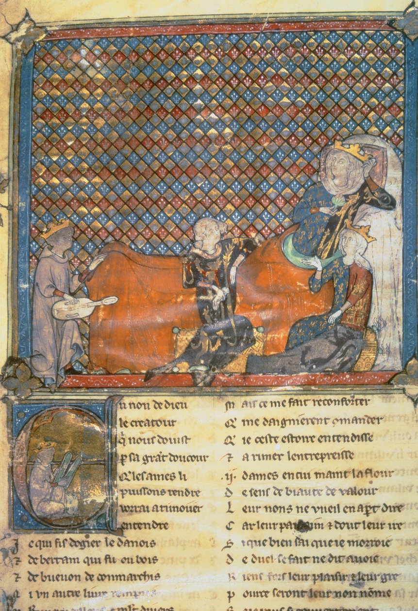 Oplyst side fra en antologi, der fra venstre mod højre viser Adenet le Roi, en minstrel for hertug Henrik; Greve Guy af Flandern; Marie, dronning af Frankrig og hustru til Filip den Dristige (1342-1404); og Mada af French School