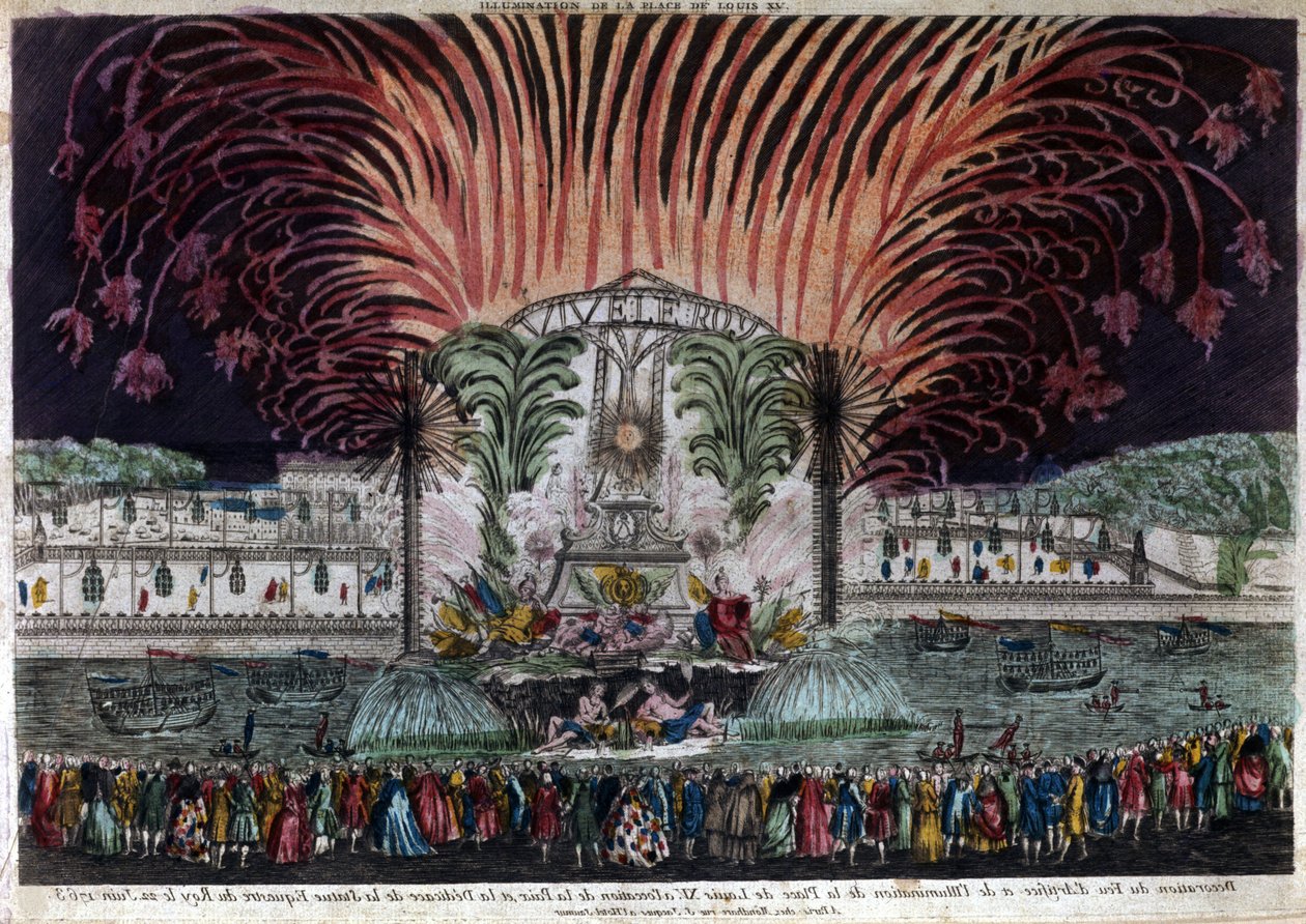Belysning og fyrværkeri på Louis XV-pladsen i Paris i anledning af freden og indvielsen af kongens rytterstatue den 22. juni 1763. Privee Collection af French School