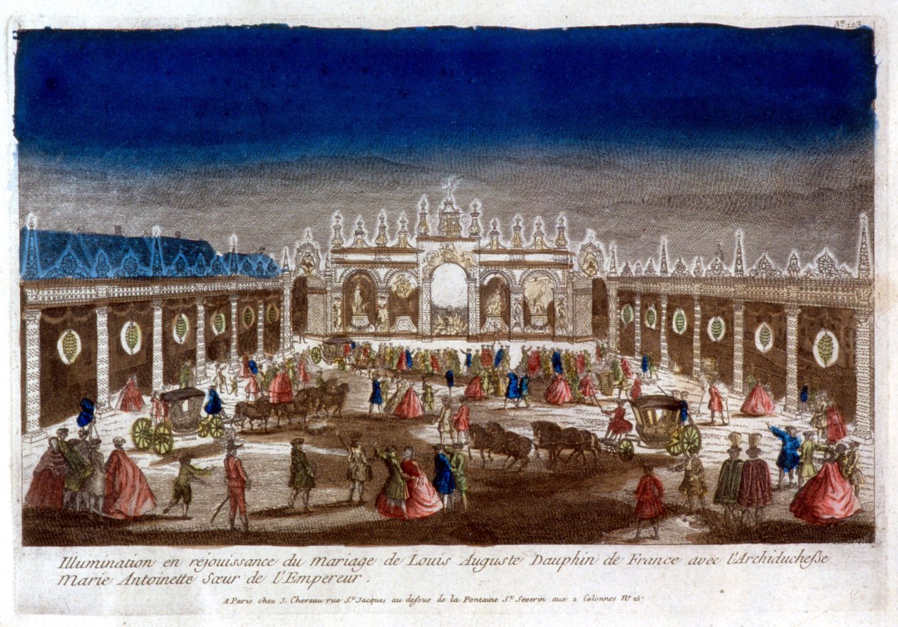 Belysning til fejring af ægteskabet mellem Louis Auguste, delfin fra Frankrig (Louis XVI), med ærkehertuginde Marie Antoinette, kejserens søster - gravering af French School