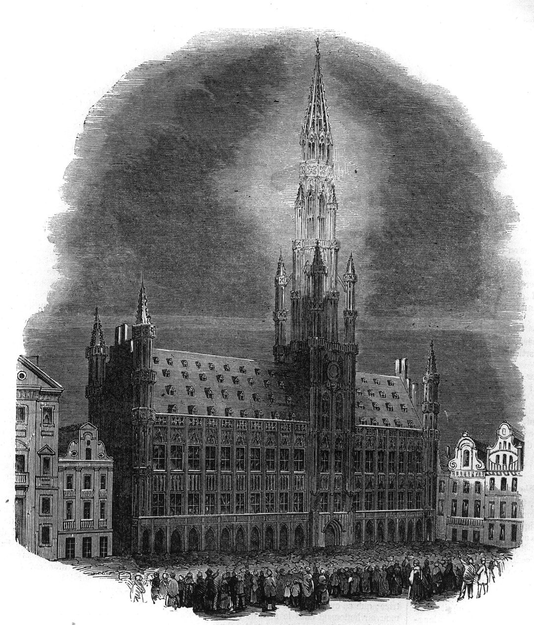 Belysning af Bruxelles rådhus den 26. september 1864 i anledning af jubilæet for kampene, der befriede Belgien fra hollandsk dominans. Fra en skitse af M.D.A. Gravering i "Det illustrale univers" af French School