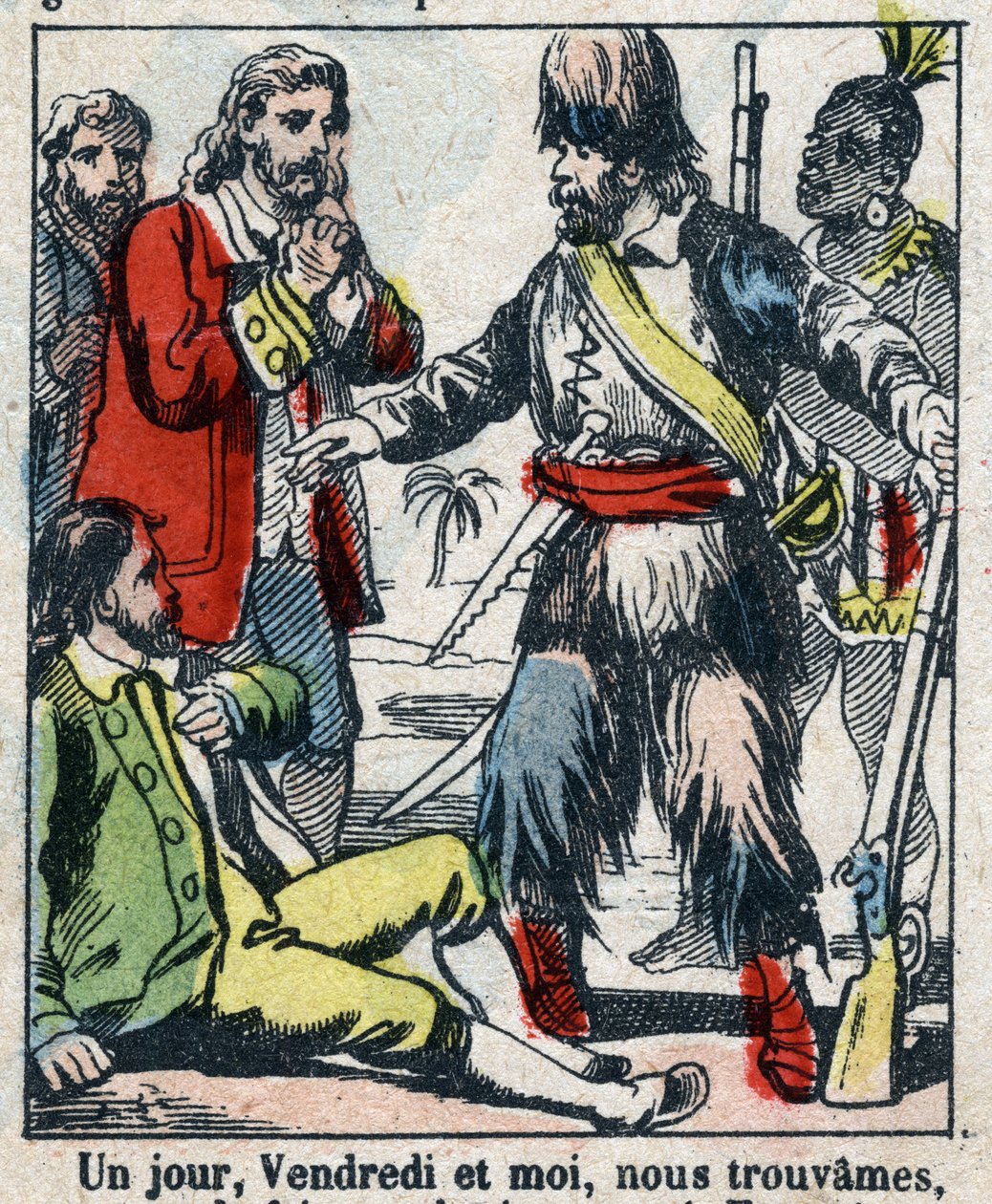Illustration til Daniel Defoes Bog (De foe) "" Robinson Crusoe"". Epinal billeddannelse fra slutningen af det 19. århundrede. af French School