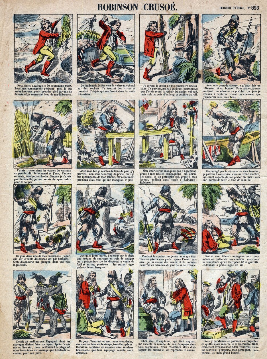 Illustration til Daniel Defoes Bog (De foe) "" Robinson Crusoe"". Epinal billeddannelse fra slutningen af det 19. århundrede. af French School