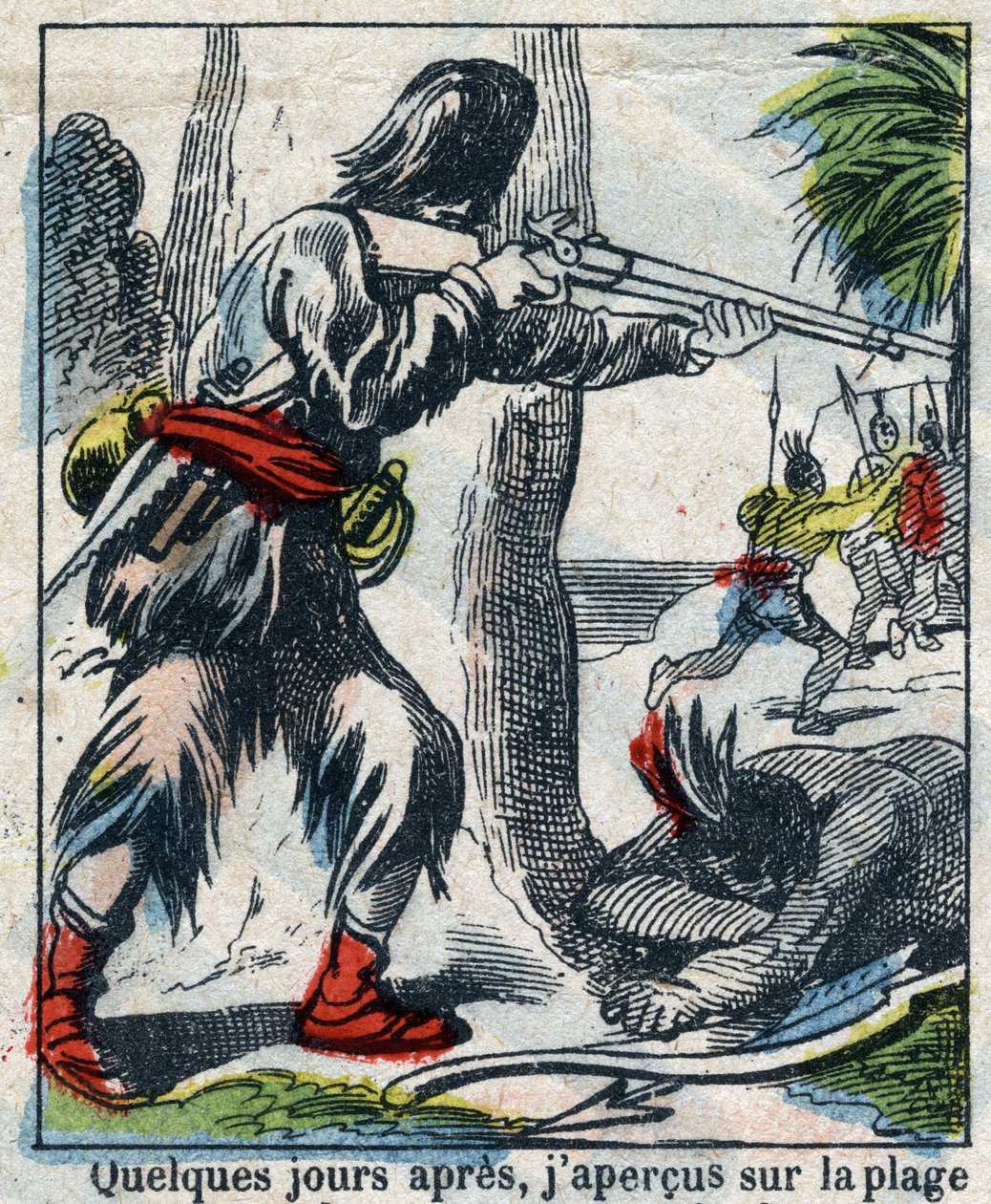 Illustration til Daniel Defoes Bog (De foe) "" Robinson Crusoe"". Epinal billeddannelse fra slutningen af det 19. århundrede. af French School