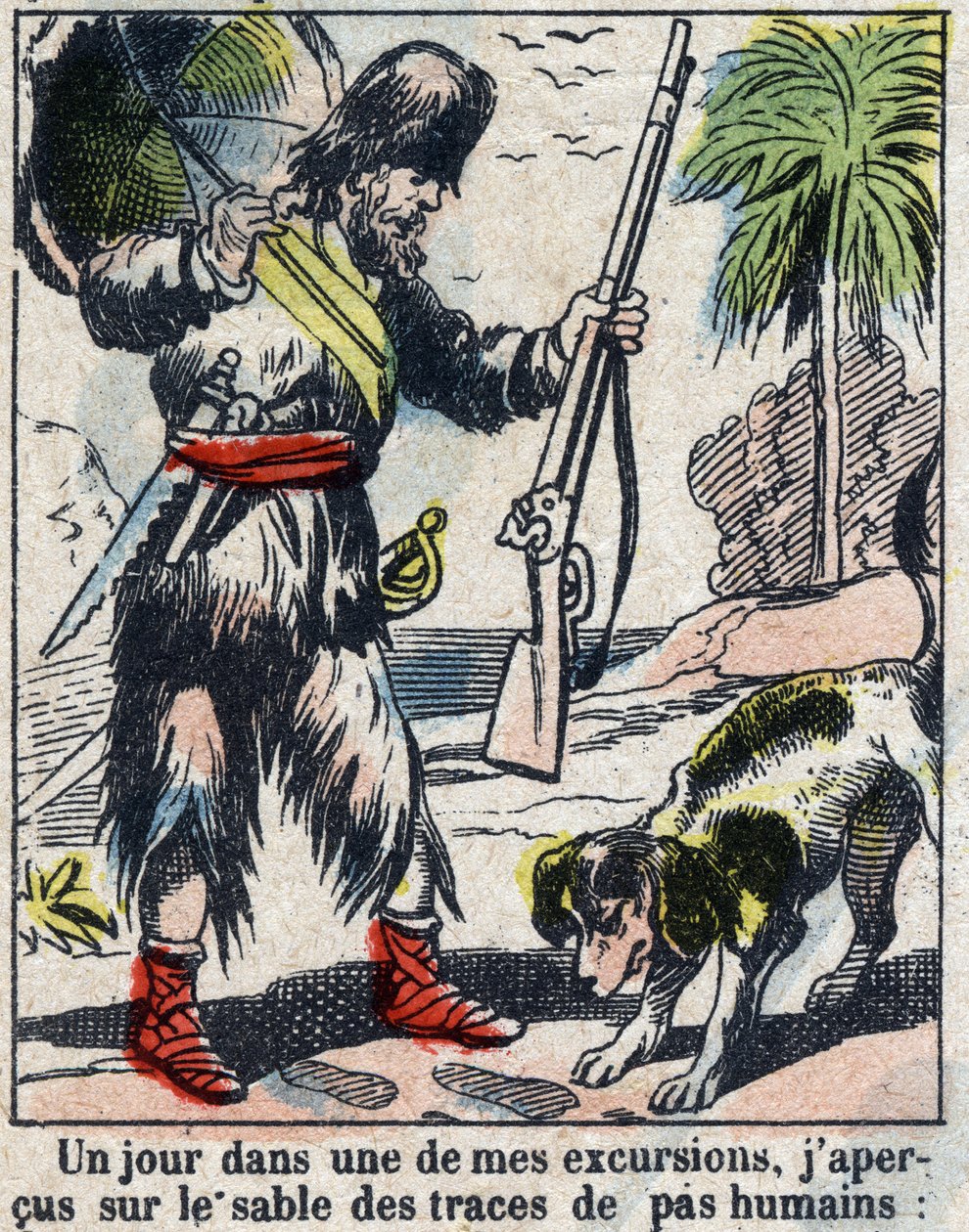 Illustration til Daniel Defoes Bog (De foe) "" Robinson Crusoe"". Epinal billeddannelse fra slutningen af det 19. århundrede. af French School