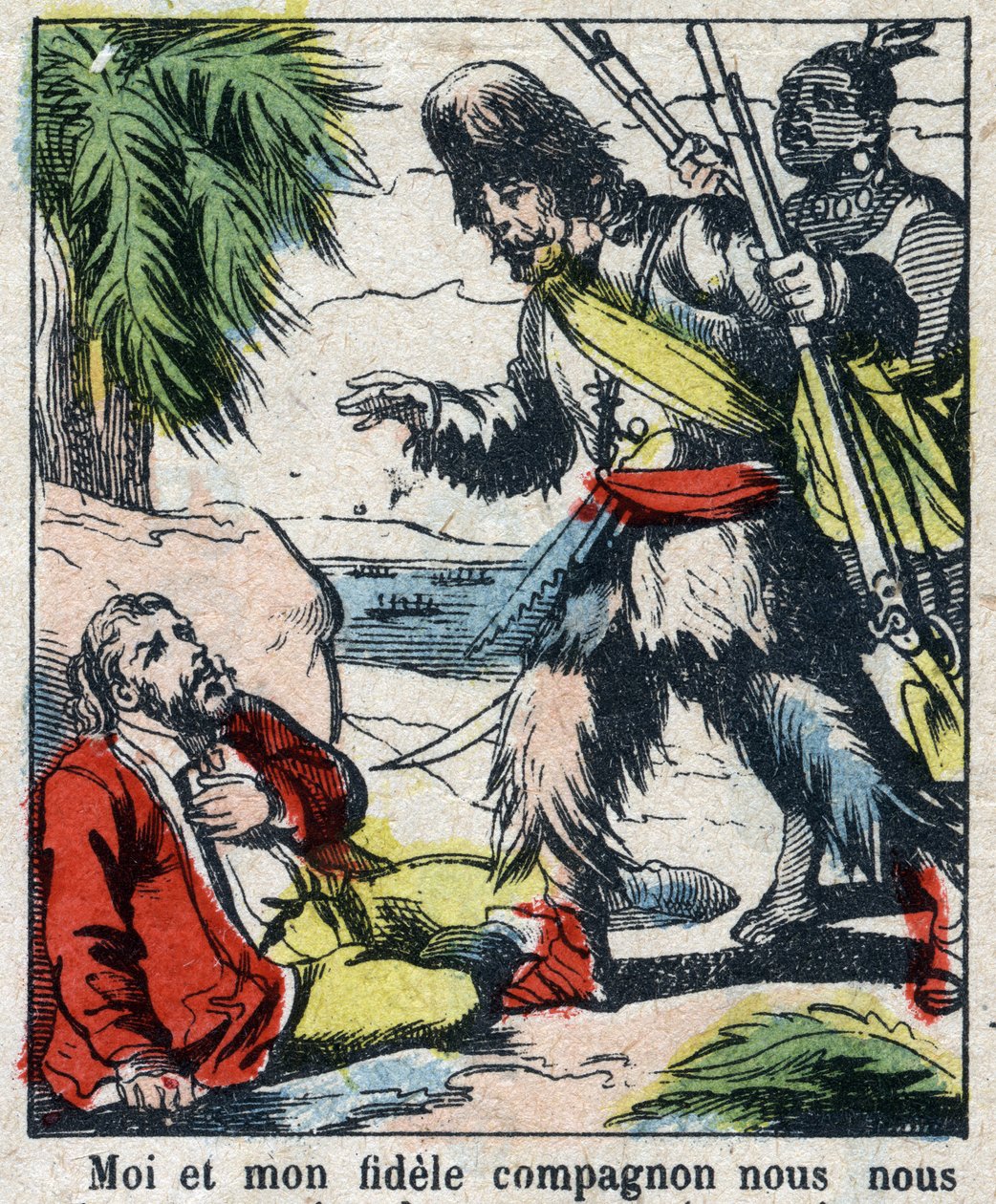 Illustration til Daniel Defoes Bog (De foe) "" Robinson Crusoe"". Epinal billeddannelse fra slutningen af det 19. århundrede. af French School
