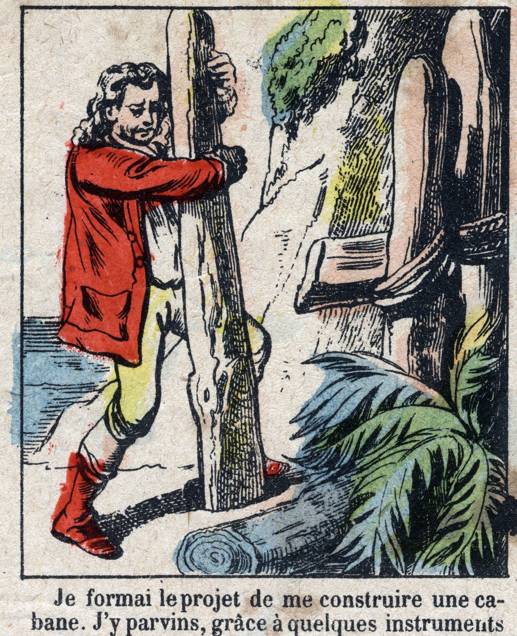 Illustration til Daniel Defoes Bog (De foe) "" Robinson Crusoe"". Epinal billeddannelse fra slutningen af det 19. århundrede. af French School
