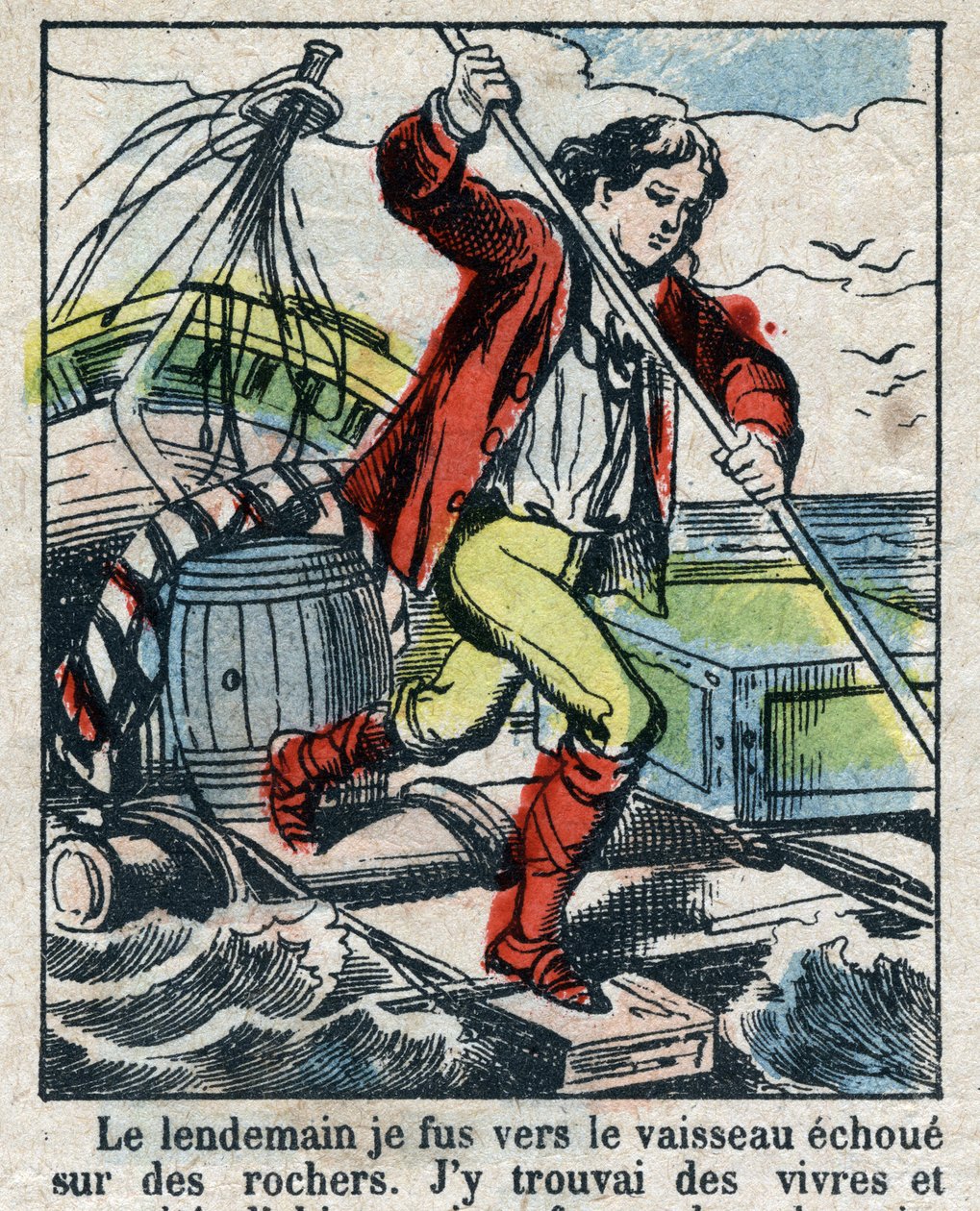 Illustration til Daniel Defoes Bog (De foe) "" Robinson Crusoe"". Epinal billeddannelse fra slutningen af det 19. århundrede. af French School
