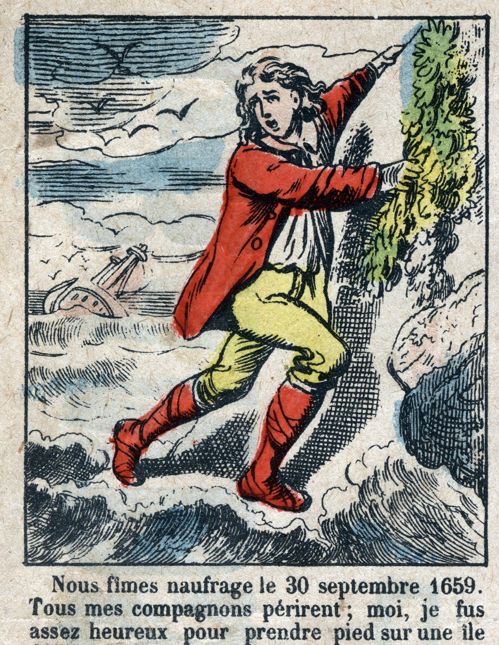 Illustration til Daniel Defoes Bog (De foe) "" Robinson Crusoe"". Epinal billeddannelse fra slutningen af det 19. århundrede. af French School