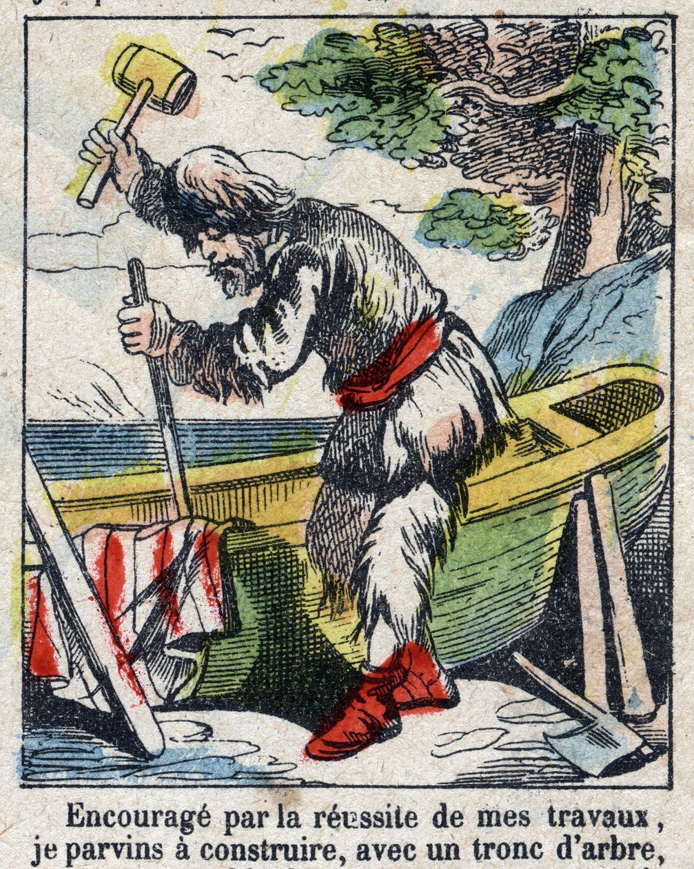 Illustration til Daniel Defoes Bog (De foe) "" Robinson Crusoe"". Epinal billeddannelse fra slutningen af det 19. århundrede. af French School