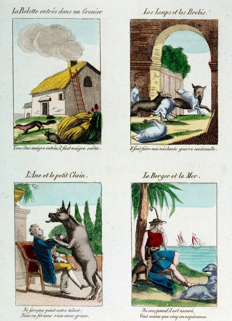 Illustrationstavle til Jean de La Fontaines fabler (1621-1695): væsel kom ind på et loft, ulve og får, æsel og hund, hyrde og hav. Gravering af French School