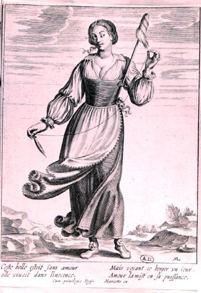 Illustration, der viser en hyrdinde (gravering) (s/h foto) af French School