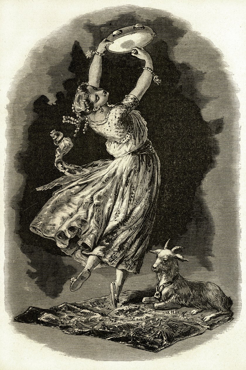 Illustration til "Notre-Dame de Paris" af Victor Hugo: Esmeralda danser og spiller tamburin ved siden af sin ged, begyndende det 20. århundrede (litho) af French School