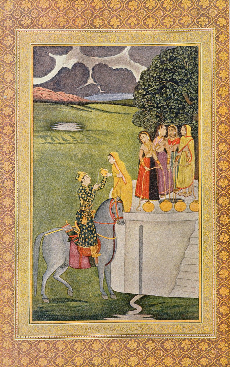 Illustration til Prince Nourgilan og Lily Adolescents ansigt, fra The Arabian Nights, 1895 (farvegravering) af French School