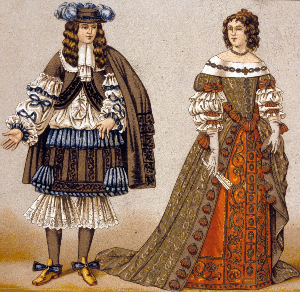 Illustration til karaktererne Alceste og Célimene i stykket "Misantropen" af Moliere (farvegravering) af French School