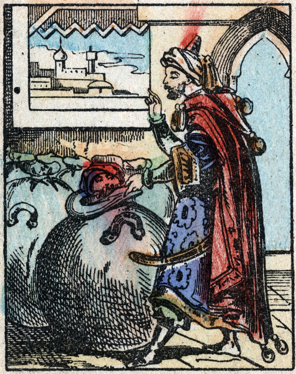 Illustration til fortællingerne om de tusinde og en nat. Ali-Baba (Ali Baba). Trægravering fra Imaging Pellerin - Epinal, sd. Slutningen af det 19. århundrede. af French School