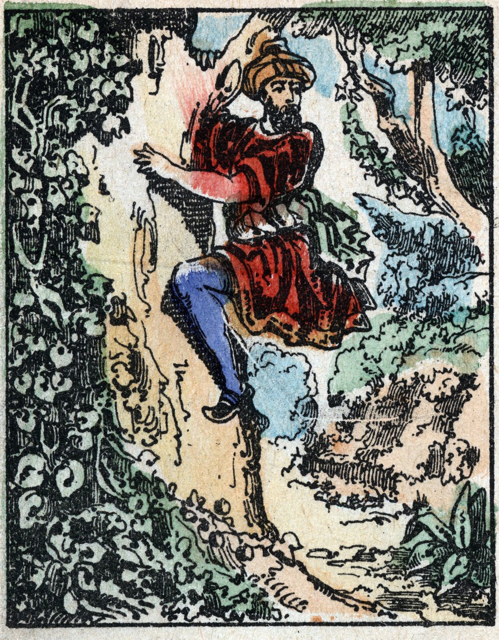 Illustration til fortællingerne om de tusinde og en nat. Ali-Baba (Ali Baba). Trægravering fra Imaging Pellerin - Epinal, sd. Slutningen af det 19. århundrede. af French School