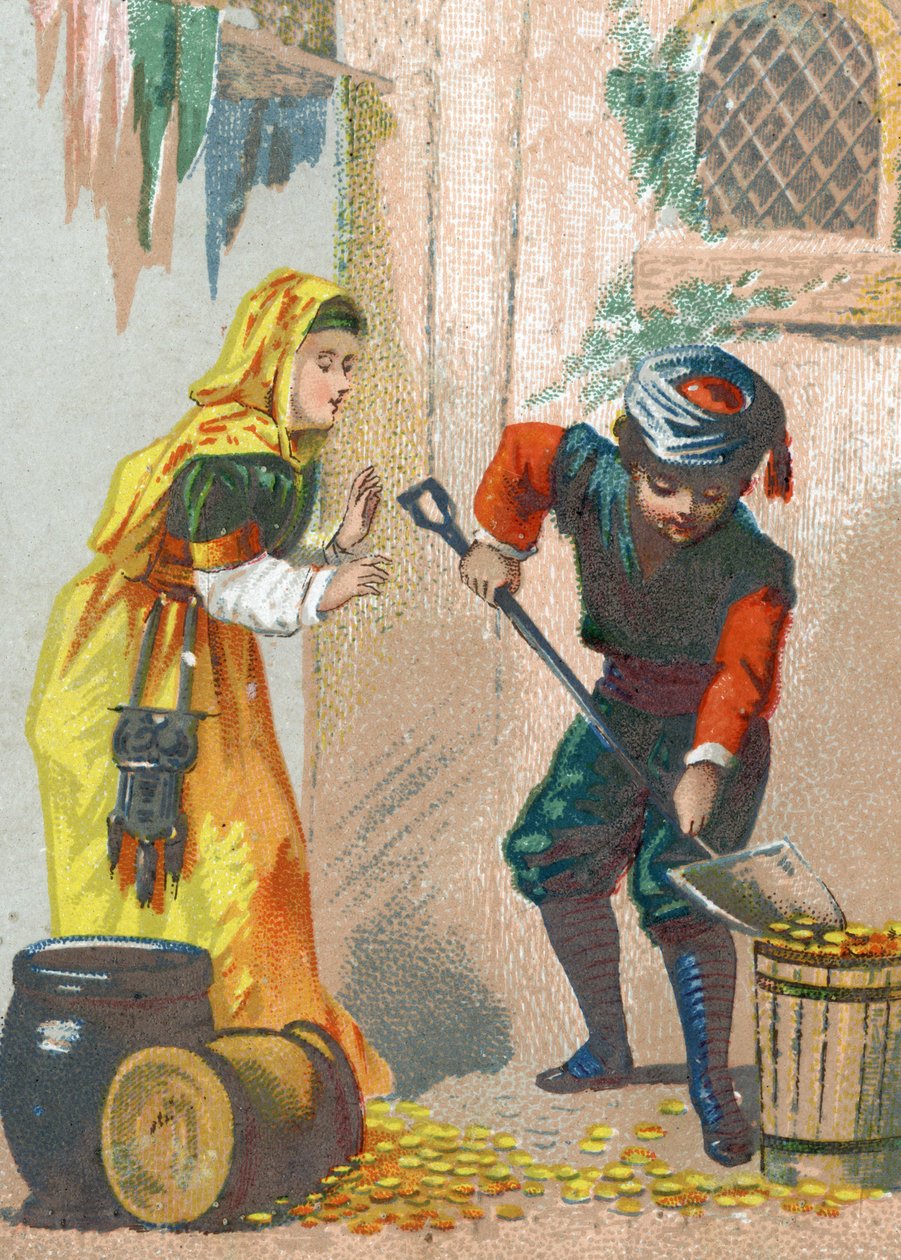Illustration til Fortællingerne om de tusinde og en nat. Ali-Baba (Ali Baba) læsser sine gyldne æsler og vender hjem, Chromolithography omkring 1890. af French School