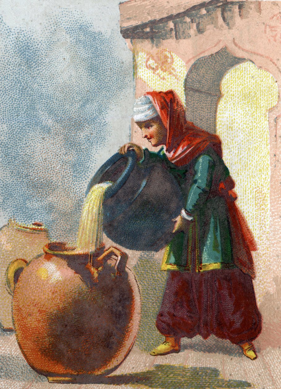 Illustration til historierne om tusind og en nætter. Morgiane, en slave af Ali Baba (Ali Baba), der indså, at vaserne indeholdt tyve, fjernede deres liv ved at hælde kogende olie i hvert kar. Kromolitografi omkring 1890. af French School