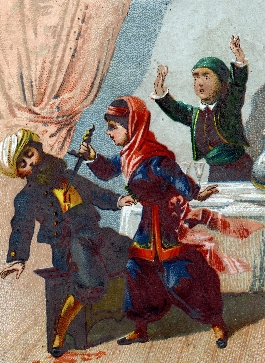 Illustration til fortællingerne om de tusinde og en nat. Kaptajnen forklæder sig igen og vender tilbage til Ali Baba (Ali baba), men Morgiane genkender ham og stikker ham under en dans. Kromolitografi omkring 1890. af French School