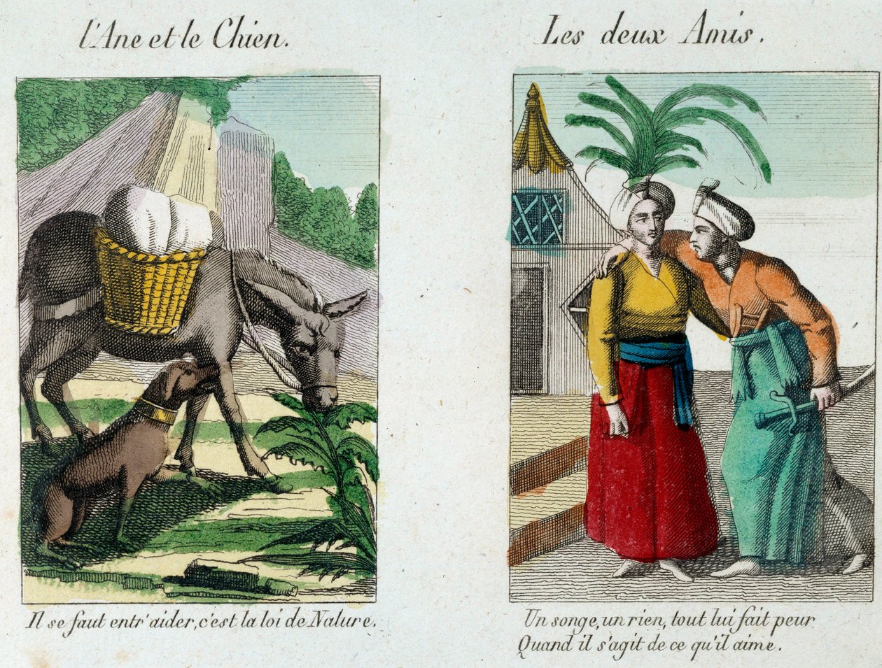 Illustration til fablerne af Jean de la Fontaine (1621-1695): venstre "" Æslet og hunden""" til højre "" Les deux amis""" Indgravering af det 19. århundrede. Musée La Fontaine, Chateau Thierry af French School