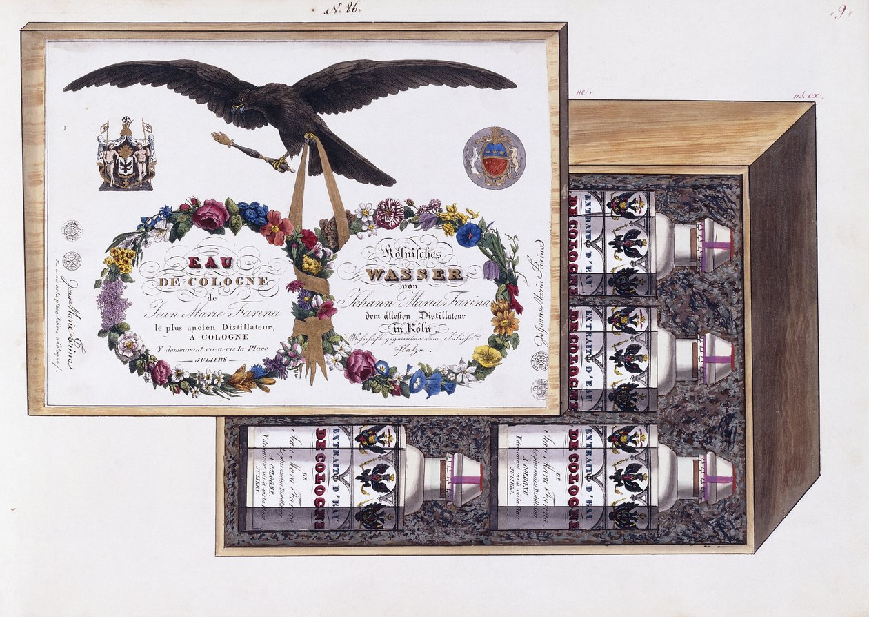 Illustration til emballagen af eau de Cologne, ca. 1825 (akvarel og kropsfarve) af French School